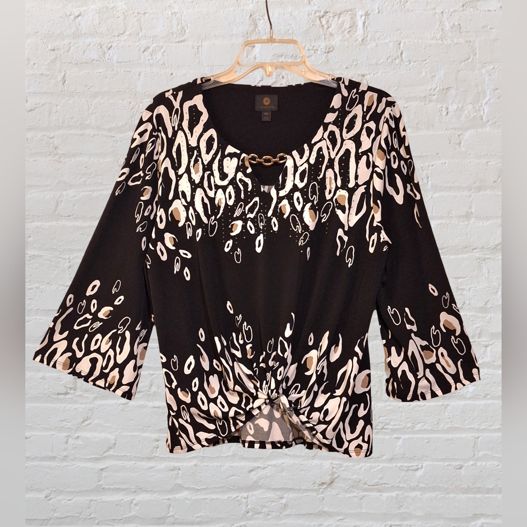 Jm Collection Black, Tan & White Teardrop Swirl Top, Gold Beads Shirt Sz. Pxl